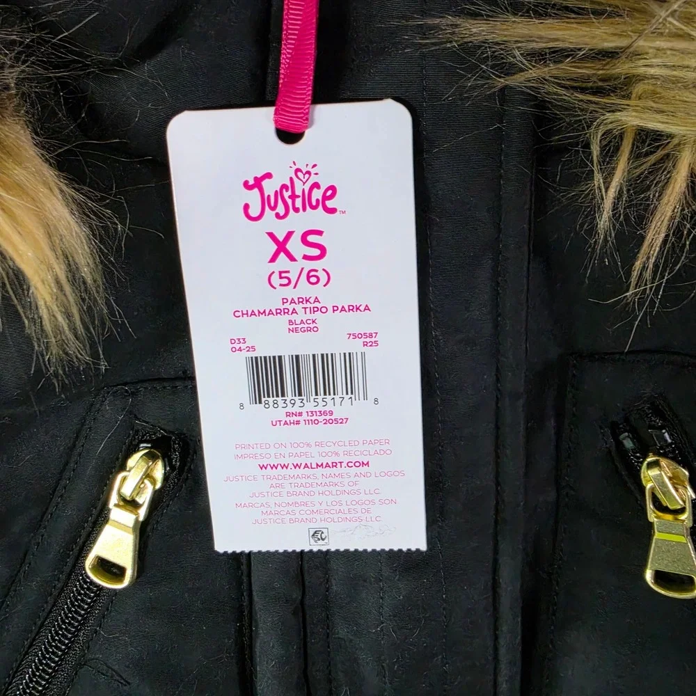 Justice Girls Black Parka Jacket Faux Fur Hood Sherpa Lined Size XS 5/6 NWT